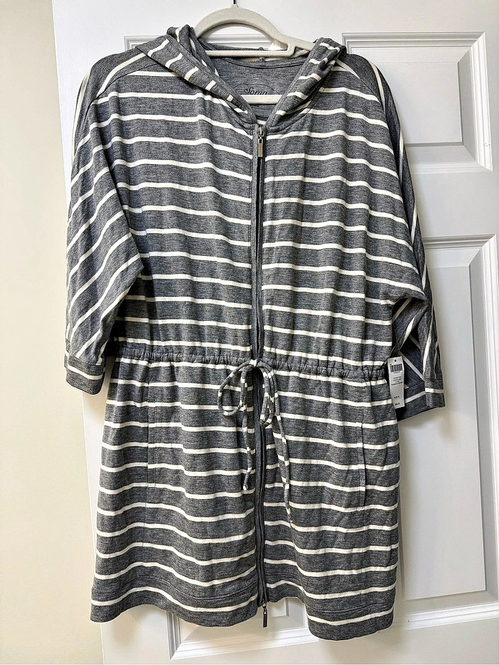 Striped Hooded loungewear in Gray & White. New